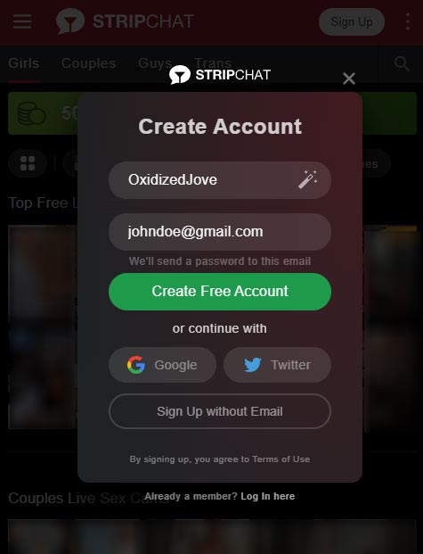 Formulário de registro em dispositivos móveis StripChat