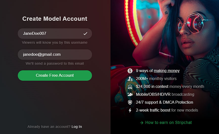 Formulário de inscrição de modelo StripChat