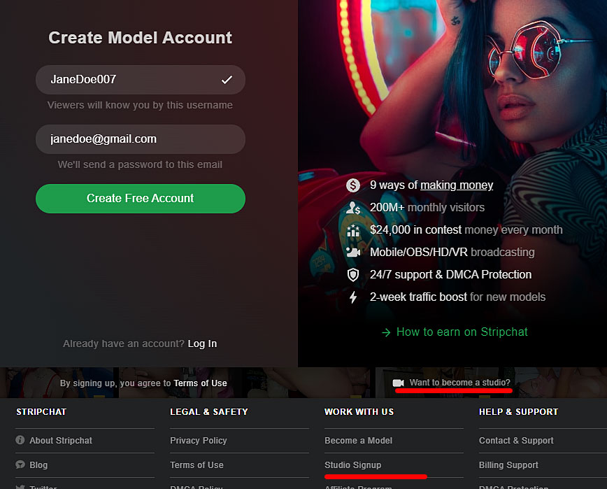 StripChat Studio Registration Form