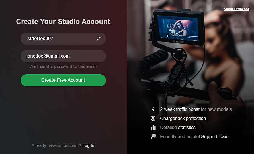 StripChat Studio Sign Up Form
